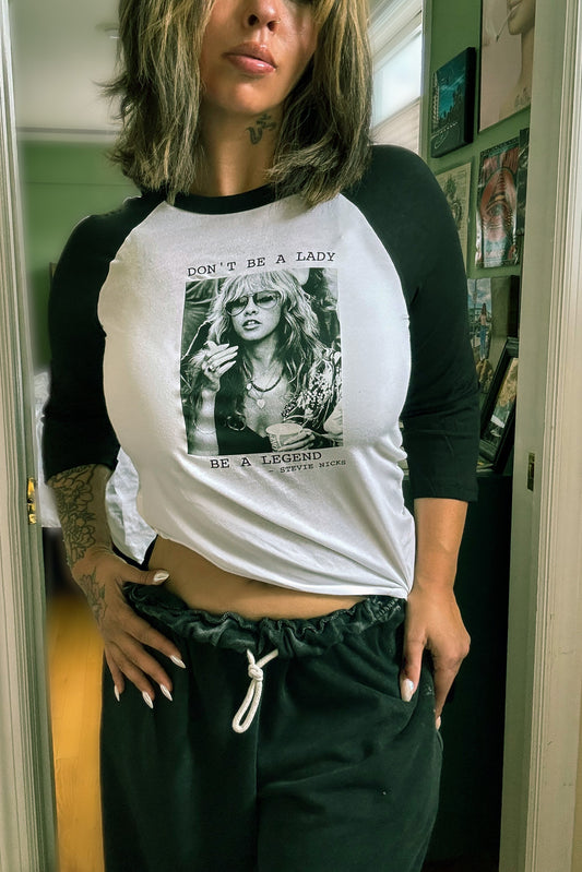 Stevie nicks black and white baseball shirt with graphic design.