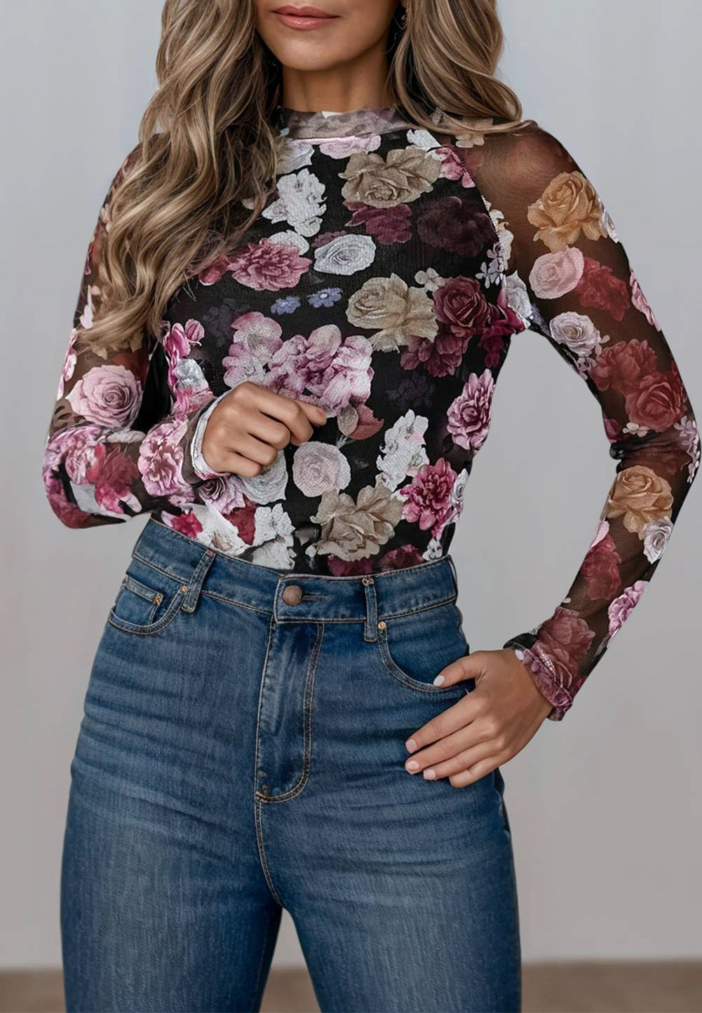 LAST ONE Juliet Floral Print Mock Neck Long Sleeve Opaque Mesh Top NEW