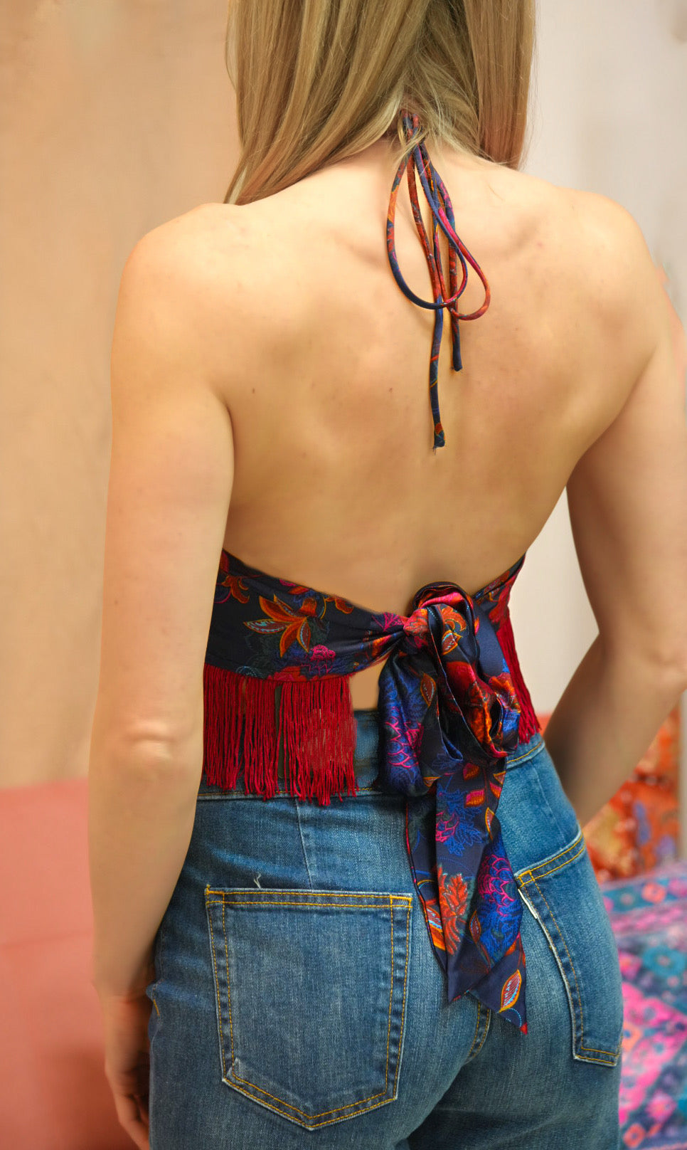 Island Party Satin Fringe Halter Top in Pomegranate