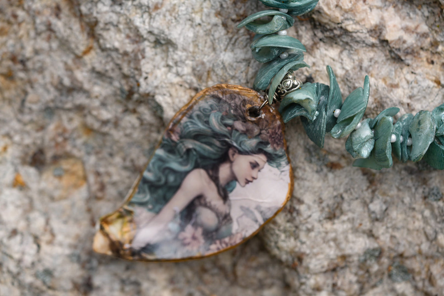 Mermaid shell necklace teal green shell beads handmade
