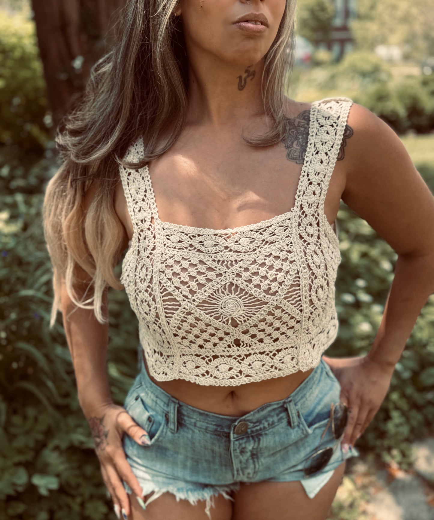 Desiree Crochet Crop Tank in Beige NEW