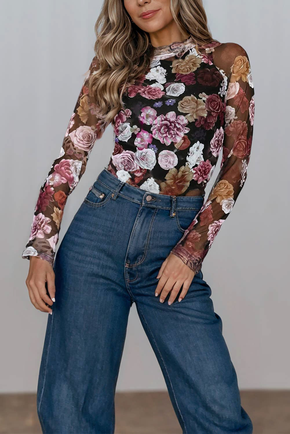 LAST ONE Juliet Floral Print Mock Neck Long Sleeve Opaque Mesh Top NEW