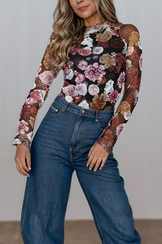 LAST ONE Juliet Floral Print Mock Neck Long Sleeve Opaque Mesh Top NEW