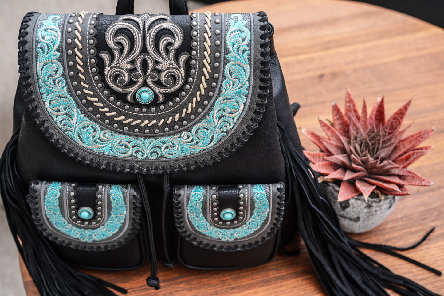 aqua leather backpack Cowgirl Power Studded Vegan Leather Embroidered Fringe Backpack in Black/Aqua NEW