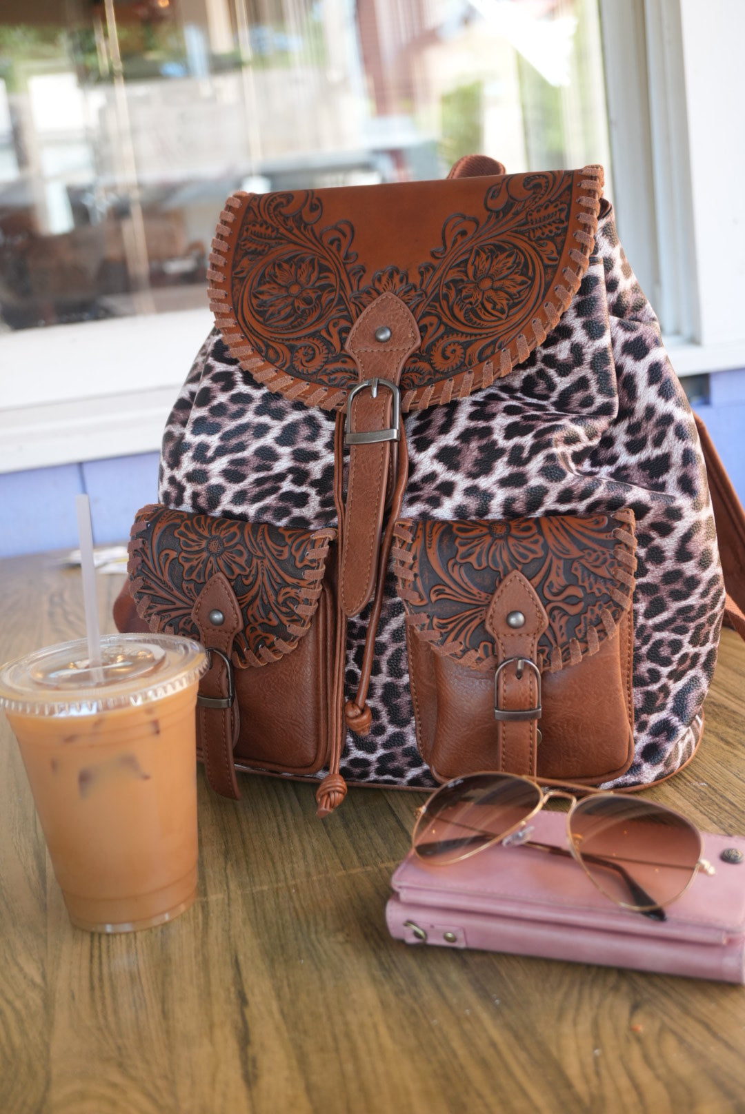 Kitty Leopard Print Tooled Vegan Leather Backpack in Wildlife Brown NE AlyandJoshua