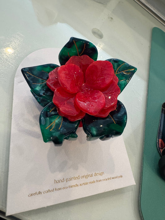 Red Poinsettia Large Flower Hand Painted Hair Clip