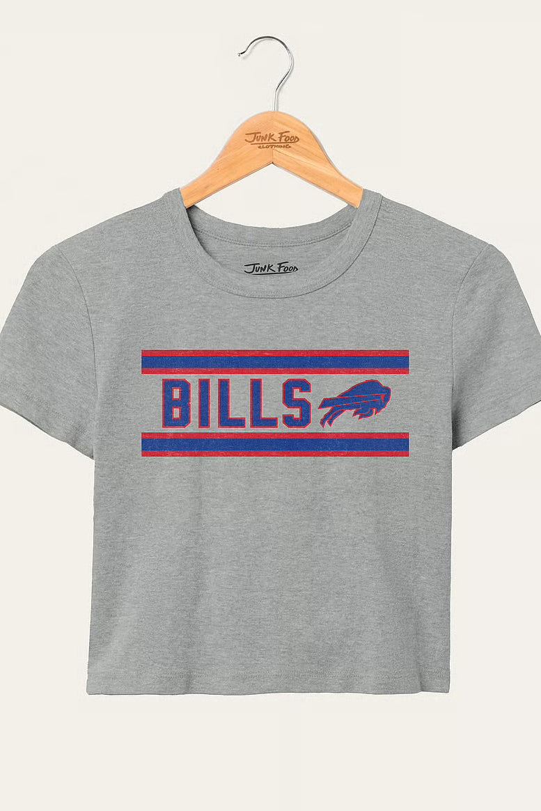 Gray t-shirt with 'Bills' logo on a hanger against a white background