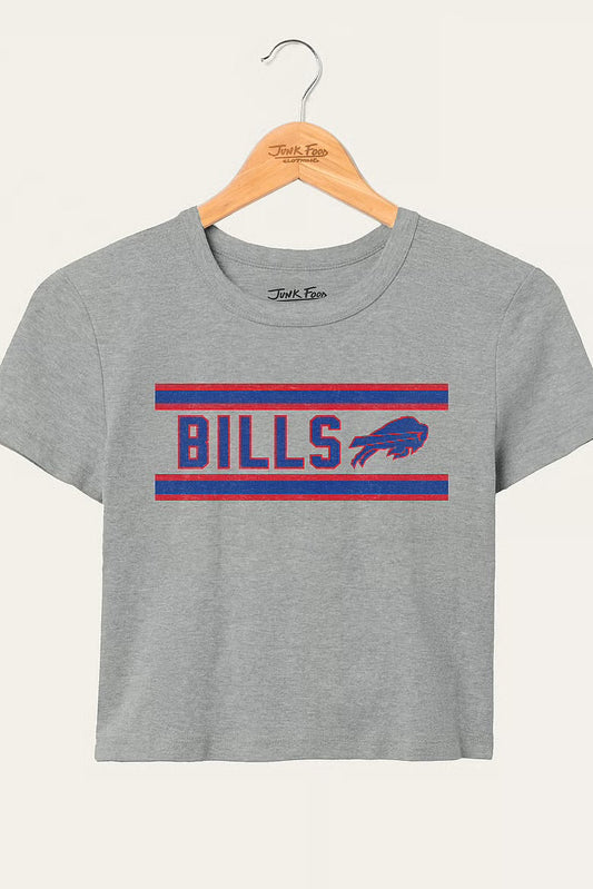 Gray t-shirt with 'Bills' logo on a hanger against a white background