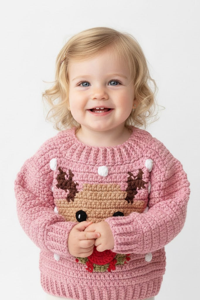 Girl wearing a pink crochet sweater with reindeer design on a white background