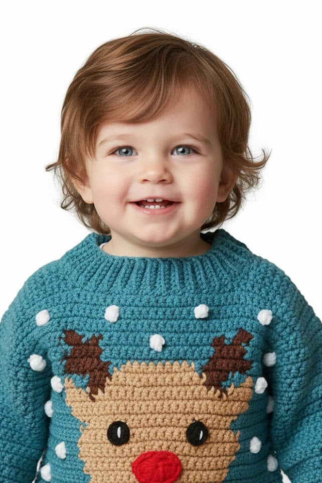 Child wearing a blue sweater with a reindeer design on a white background