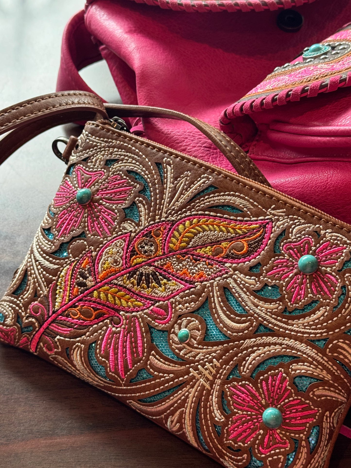 Feather Beauty Embroidered Mini Crossbody Purse in Pink/Light Brown