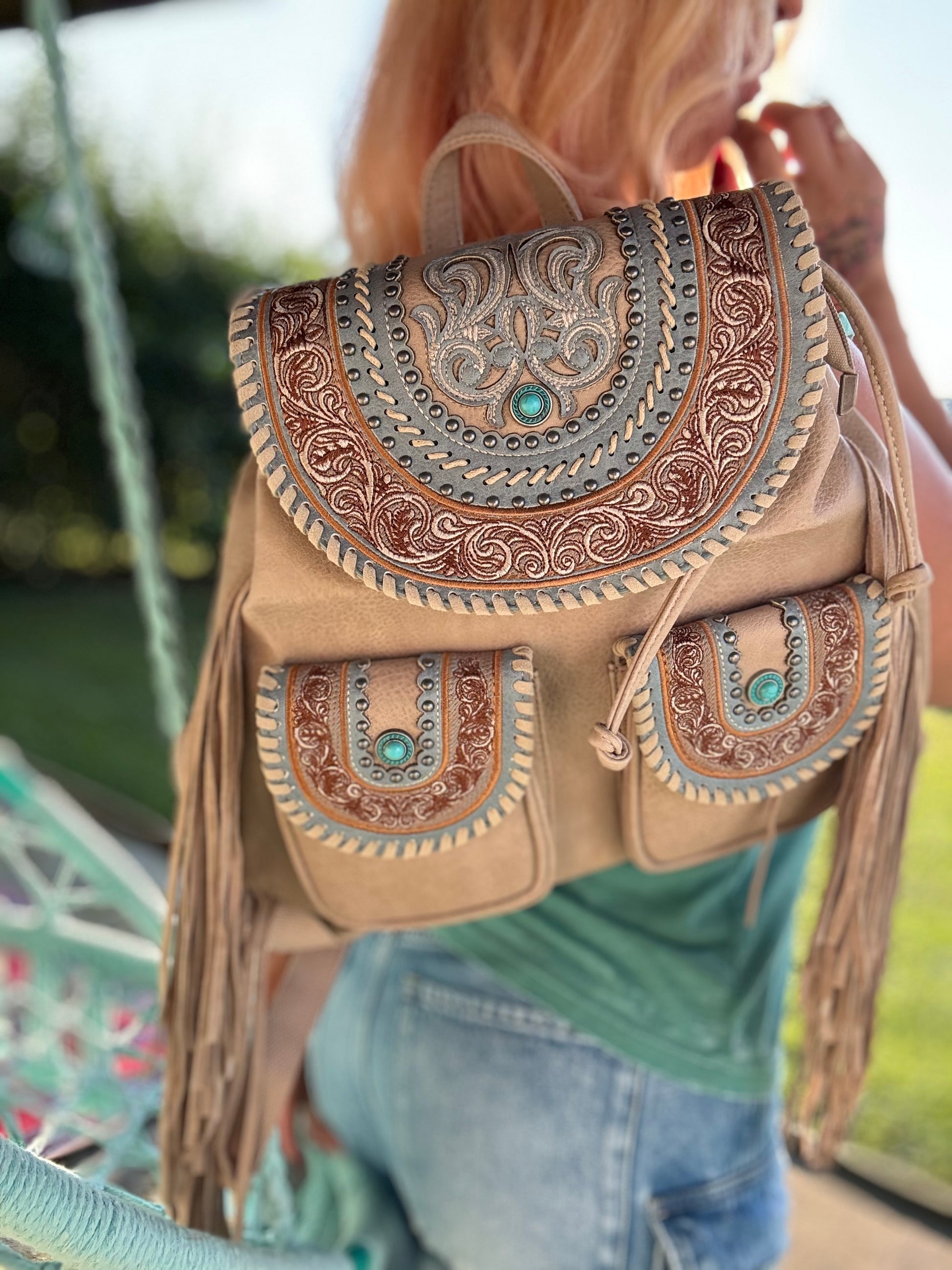 dailylook horowitz vegan leather backpack Celebrity Daytrip Studded Vegan Leather Embroidered Fringe Backpack in Turquoise Oat NEW