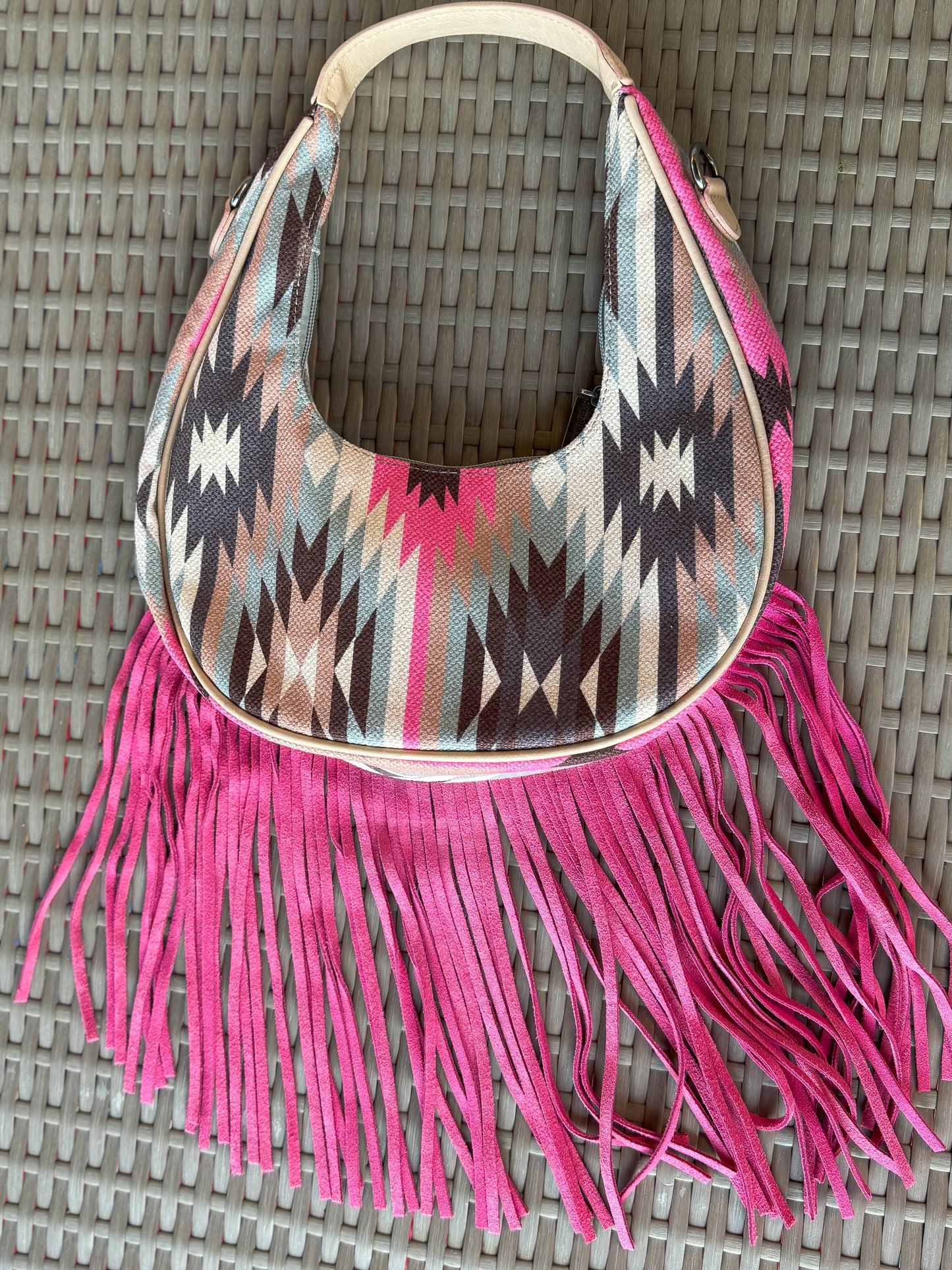 Southwest Canvas Pink Fringe Crescent Handbag with Fringe NEW