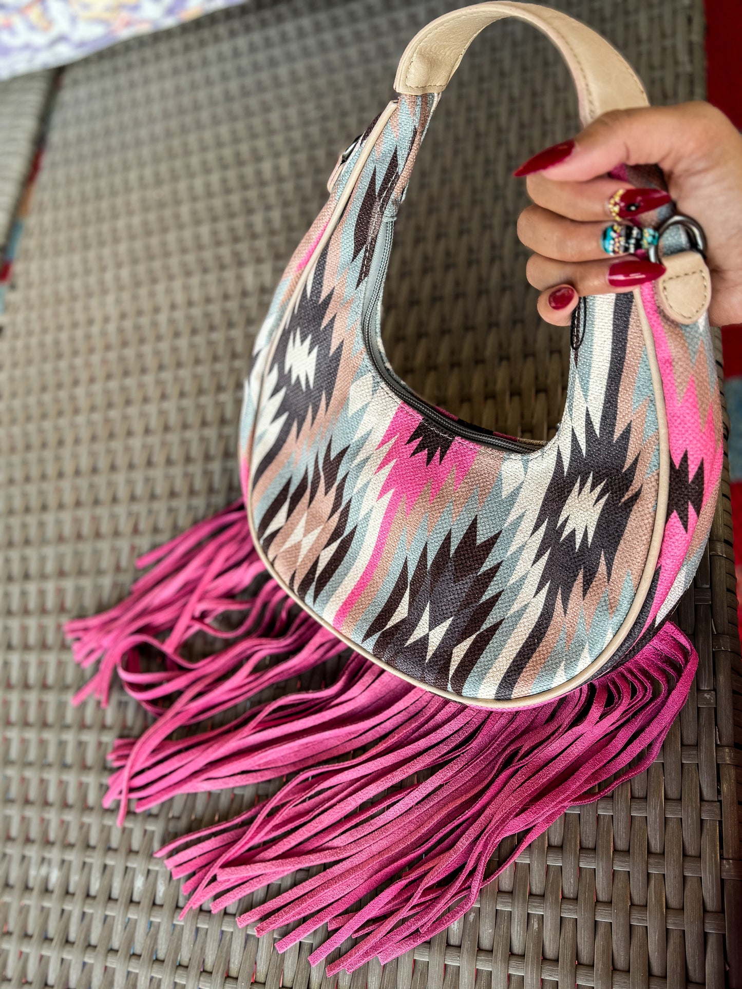 Southwest Canvas Pink Fringe Crescent Handbag with Fringe NEW