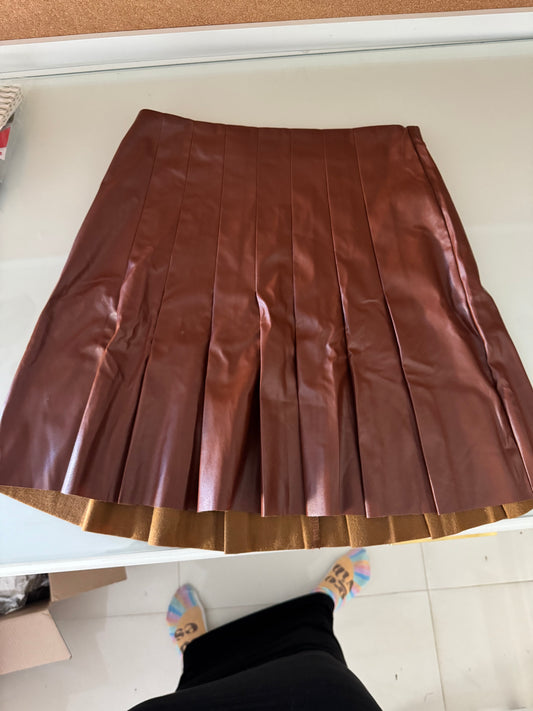 Brown Vegan Leather Skirt Pleated