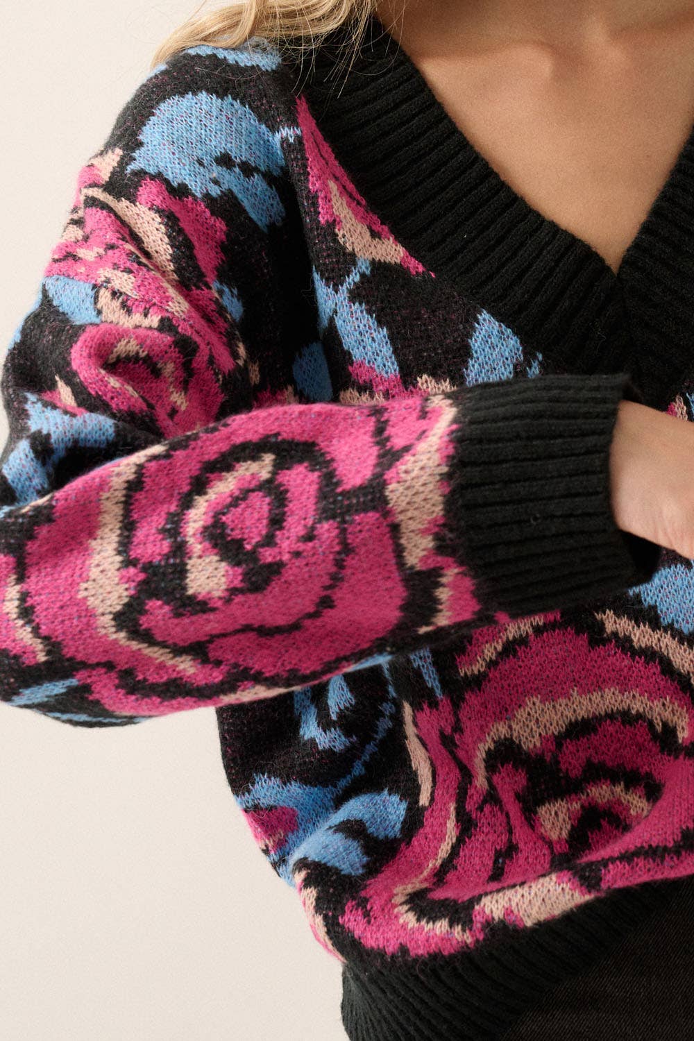 Romantic Rose Floral V Neck Sweater Multi Pink