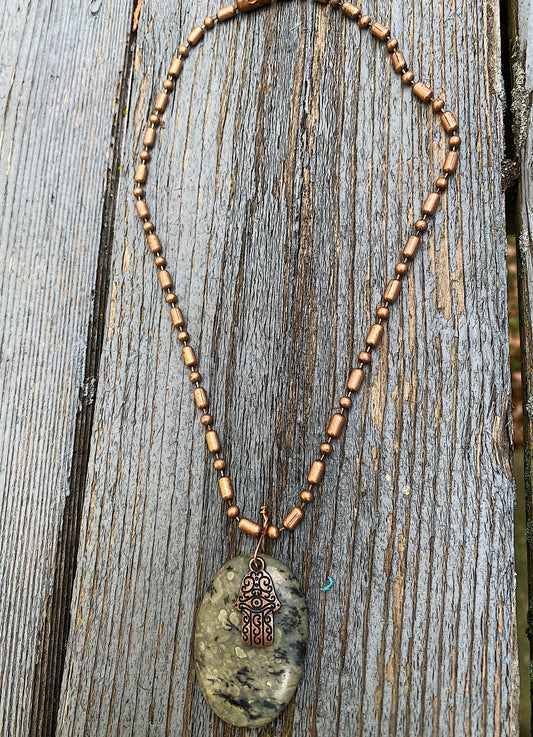 Hamsa Stone Necklace on Copper Ball Chain  ONE OF A KIND