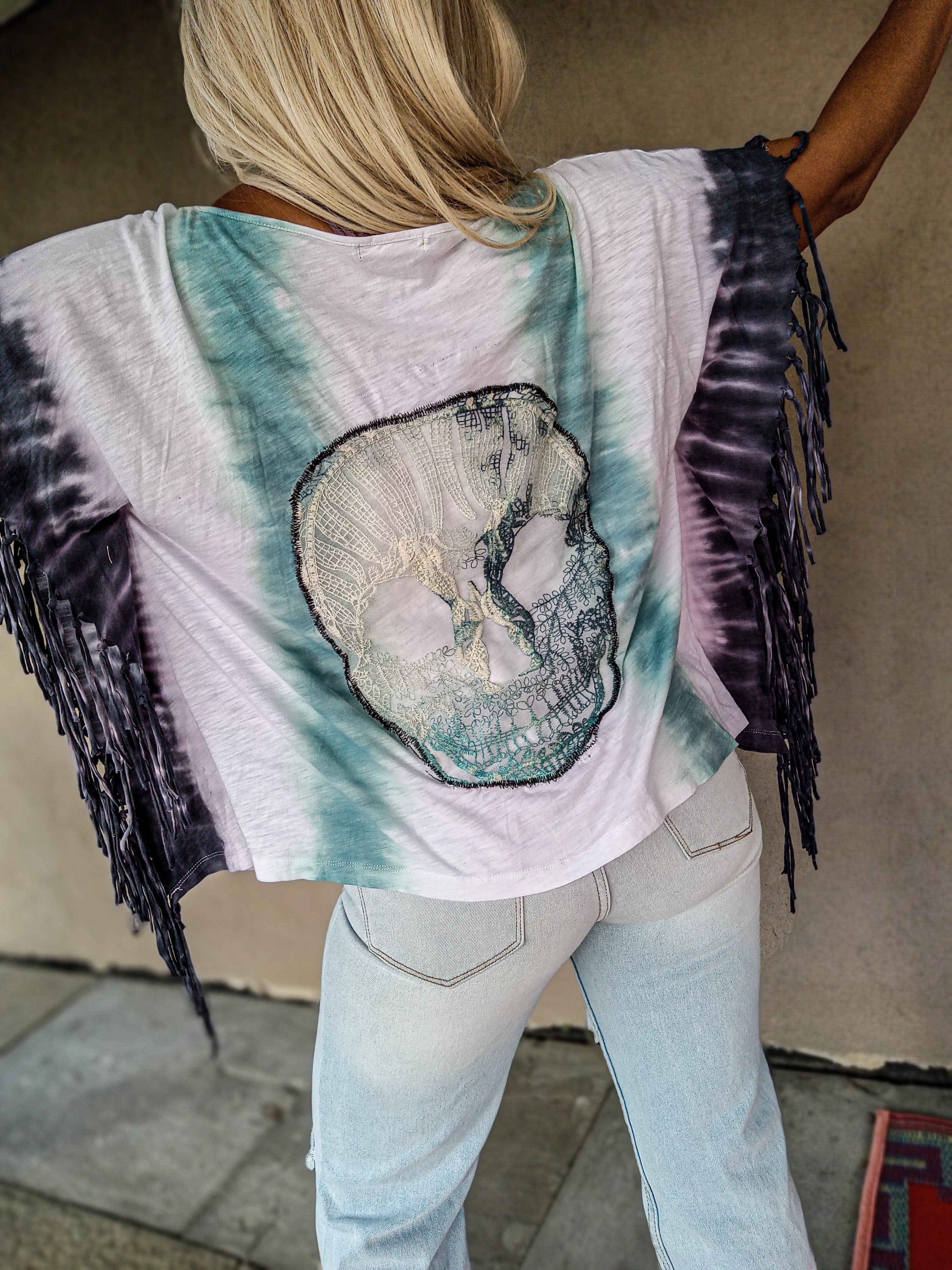 Festy Fringe Skull Back Top - Grey/Sky Tie Dye