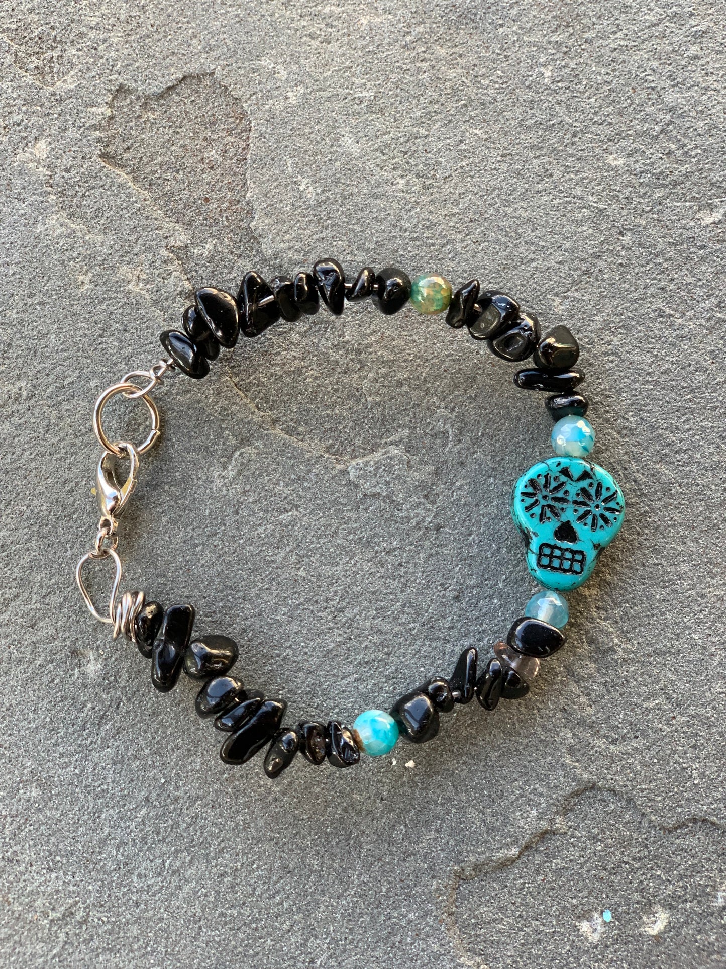 Sugar Skull Drama Beaded Wire Bracelet in Turquoise and Black