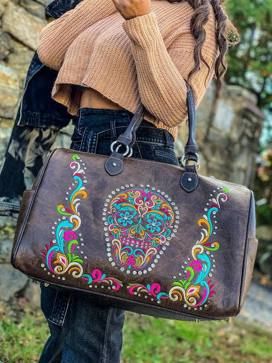 Aztec Tapestry Vegan Leather Studded Tote Bag with Compartments