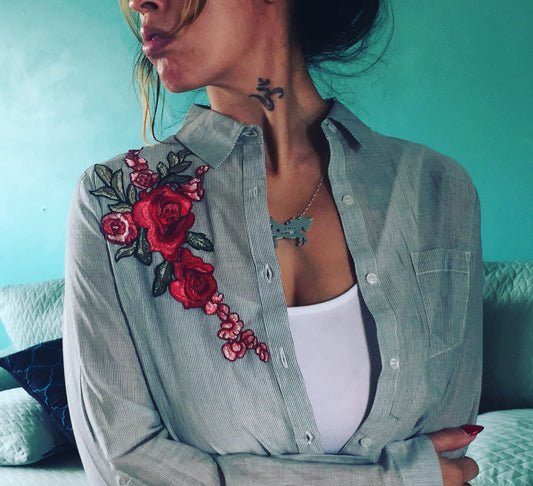Roses Pinstripe Button Up Blouse