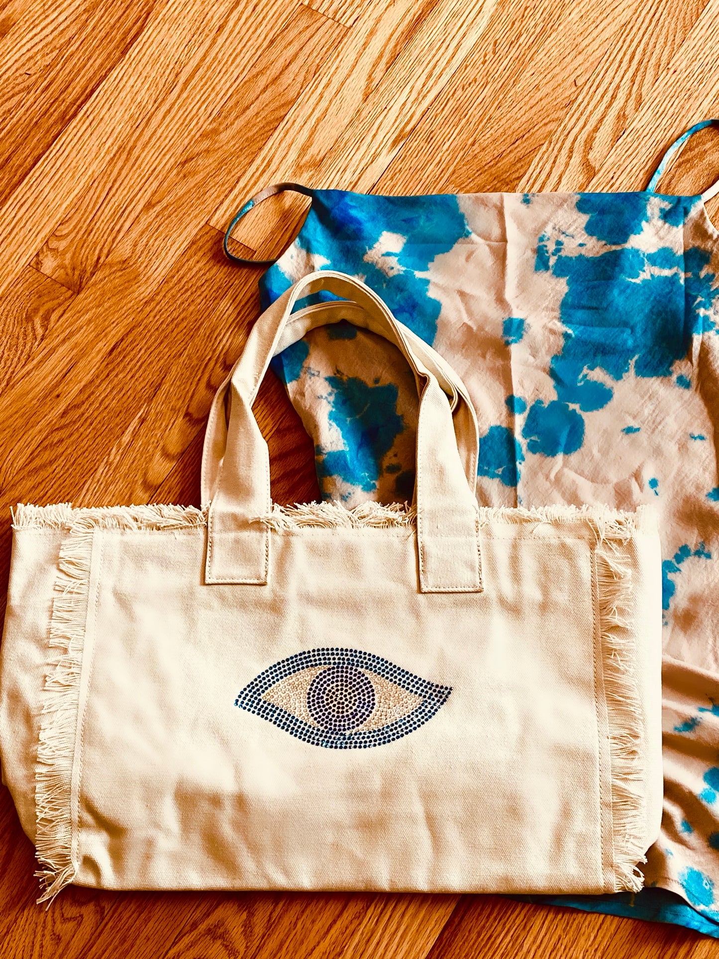 Sparkle Eye Canvas Tote Bag in Beige