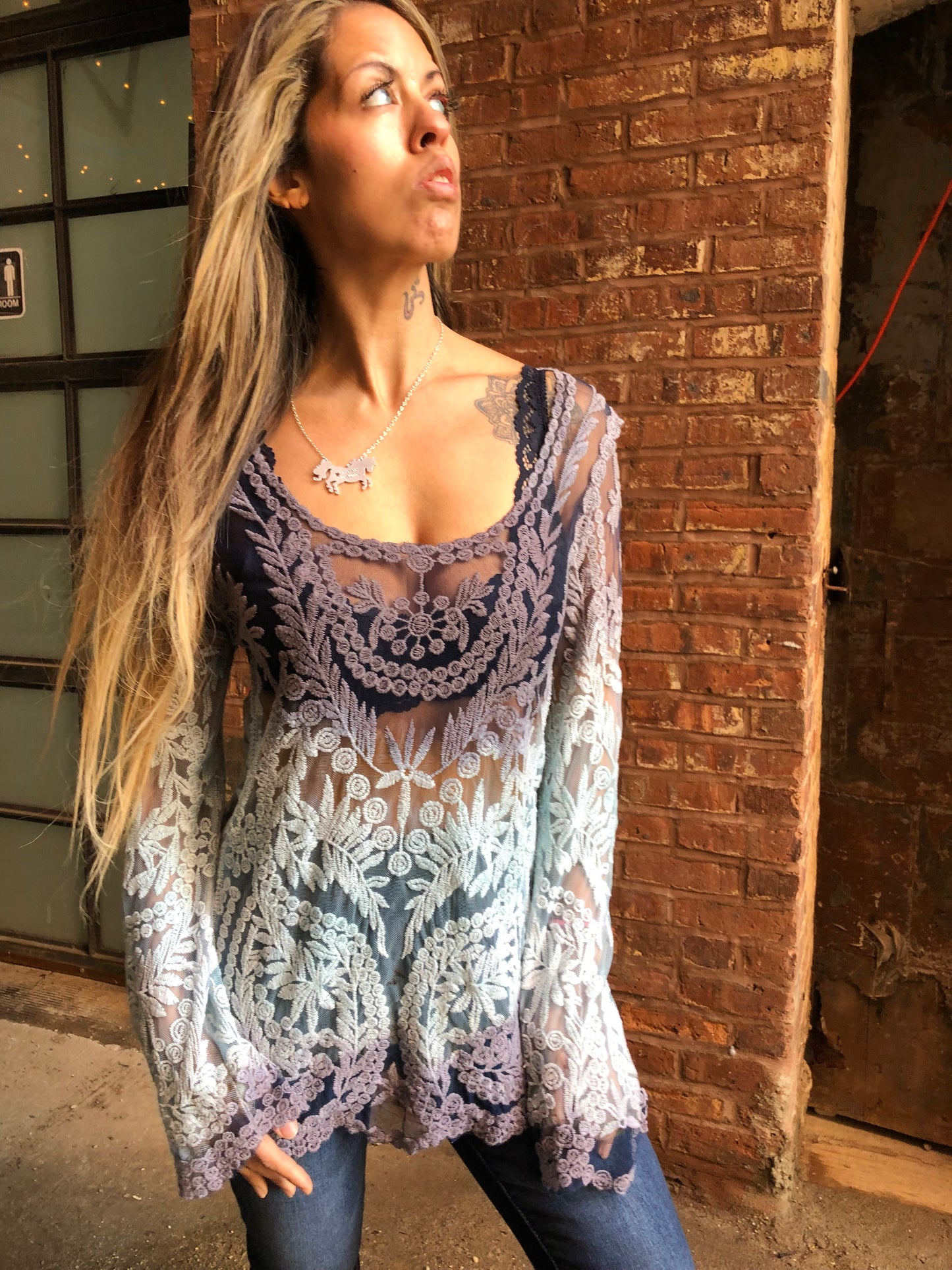 Sugar Skull Hand Dyed Lace Ombre Tunic - Sky Blue Black