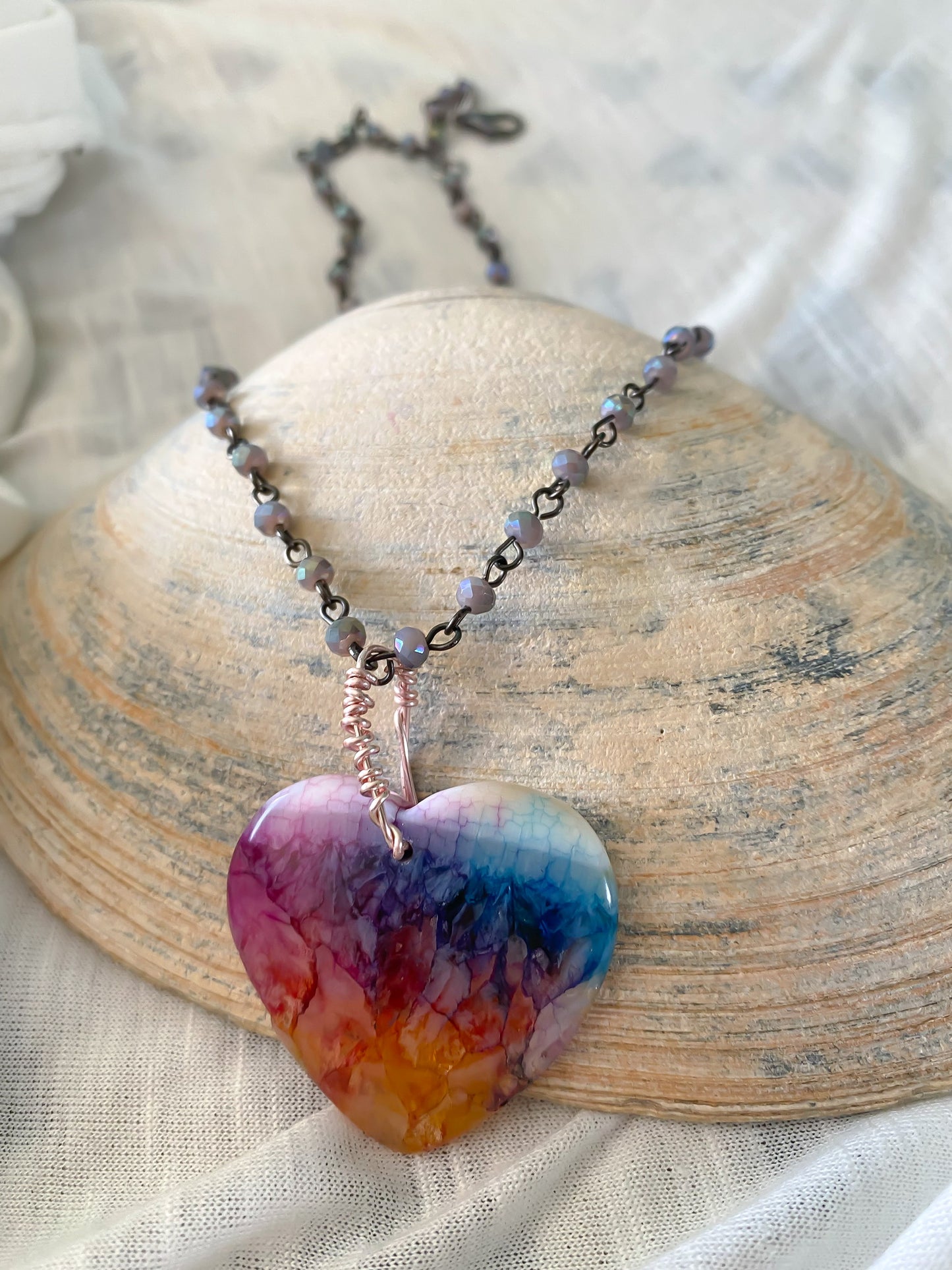 Chameleon Multicolor Rainbow Heart Agate Necklace w/ Interchangeable Chain