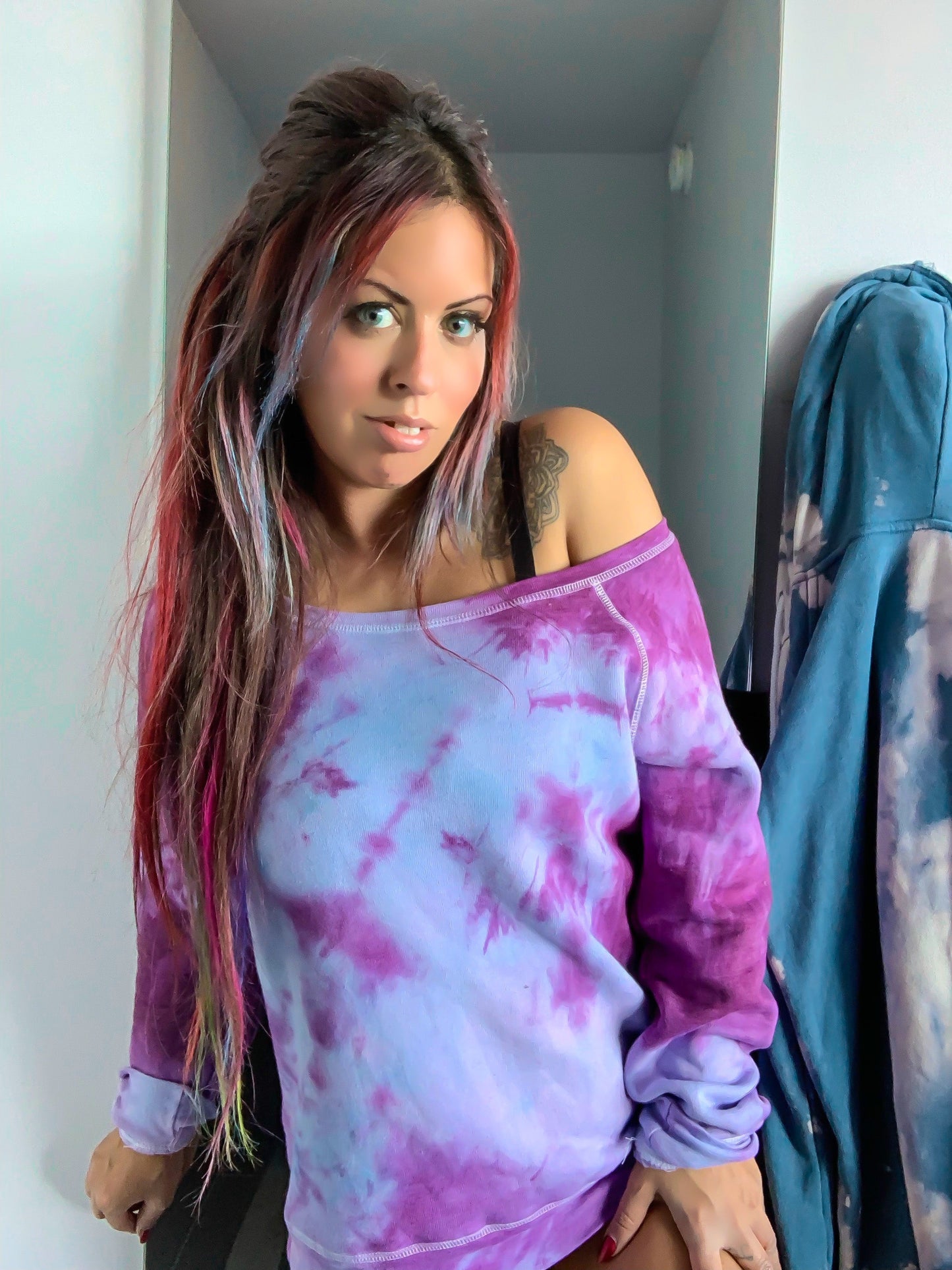 $20 OFF Ariana Purple Tie Dye Off Shoulder Sweatshirt
