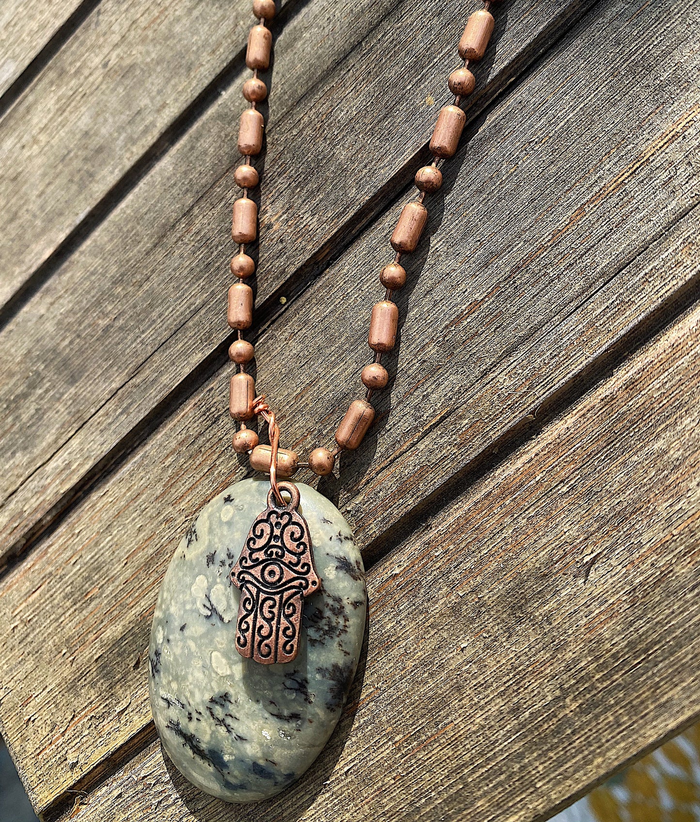 Hamsa Stone Necklace on Copper Ball Chain  ONE OF A KIND