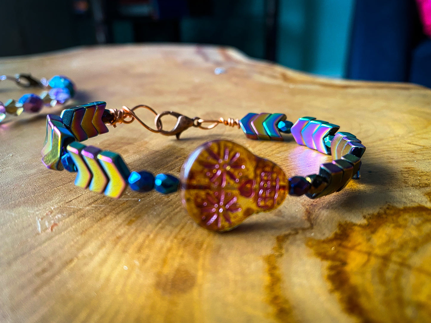 Sugar Skull Tan Rainbow Prism Arrow Bracelet in Memory Wire