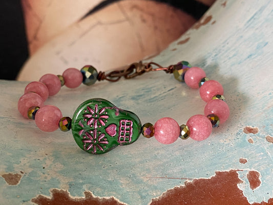 Daydream Green Sugar Skull Bracelet w/ Pink Beads
